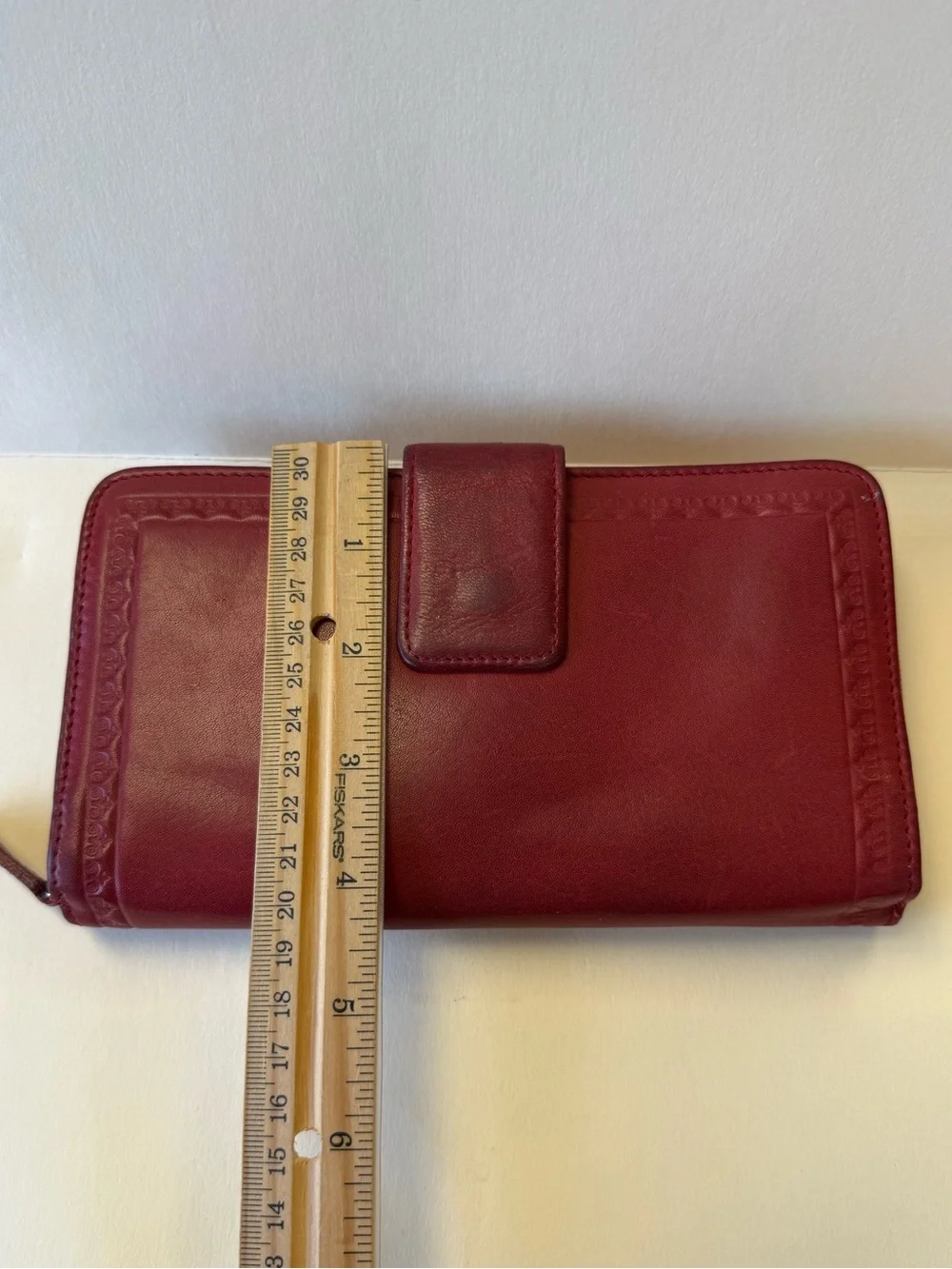 Vintage Deep Red Leather Zip-Around Wallet with Lots of Pockets.